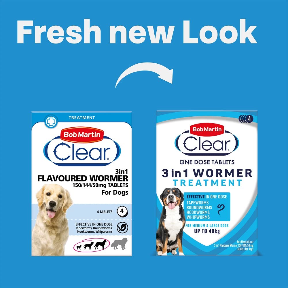 Bob Martin Clear 3-in-1 Wormer for Dogs (4 Tablets) - For Small, Medium and Large Dogs up to 40kg, Clinically Proven Treatment