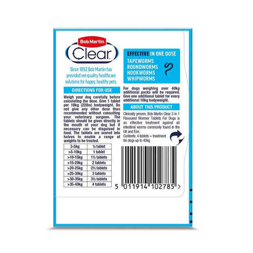 Bob Martin Clear 3-in-1 Wormer for Dogs (4 Tablets) - For Small, Medium and Large Dogs up to 40kg, Clinically Proven Treatment