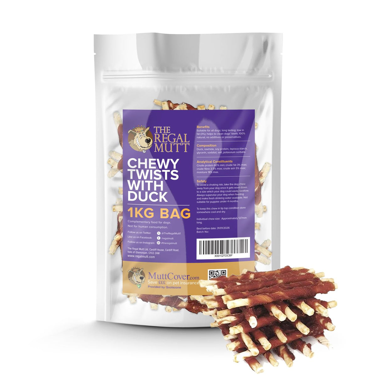 The Regal Mutt - Mega Chewy Twists with Duck - Bag of 18 (1.25kg Bag)