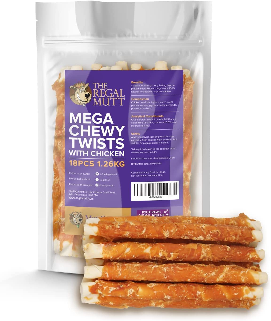 The Regal Mutt - Mega Chewy Twists with Duck - Bag of 18 (1.25kg Bag)