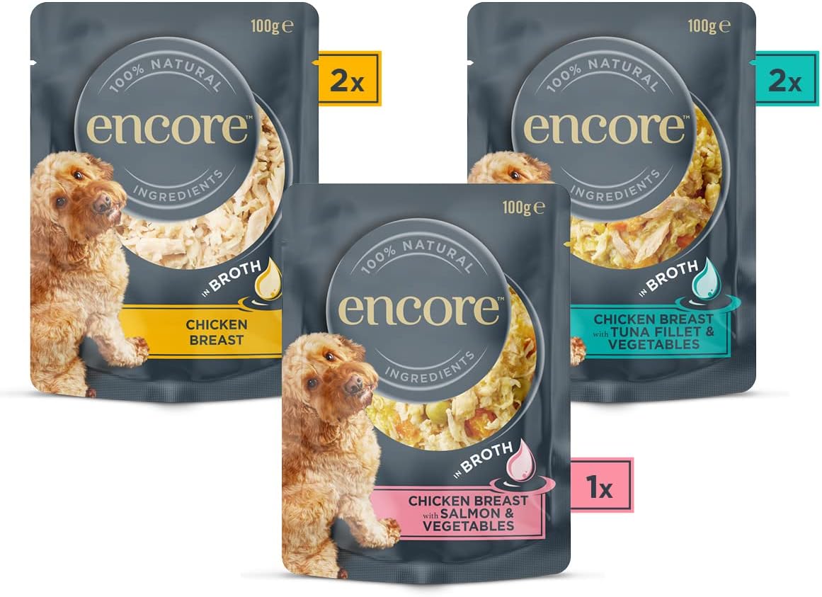 Encore 100% Natural Wet Dog Food, Chicken with Fish Selection in Broth 100g Pouch (Pack of 15x100g)