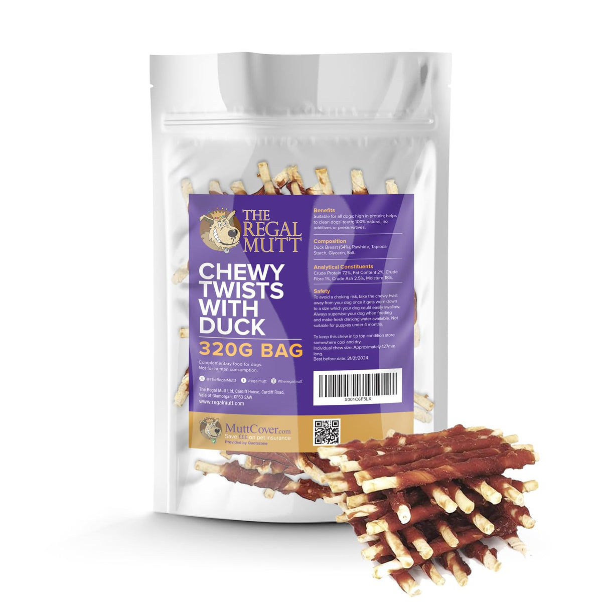 The Regal Mutt - Mega Chewy Twists with Duck - Bag of 18 (1.25kg Bag)