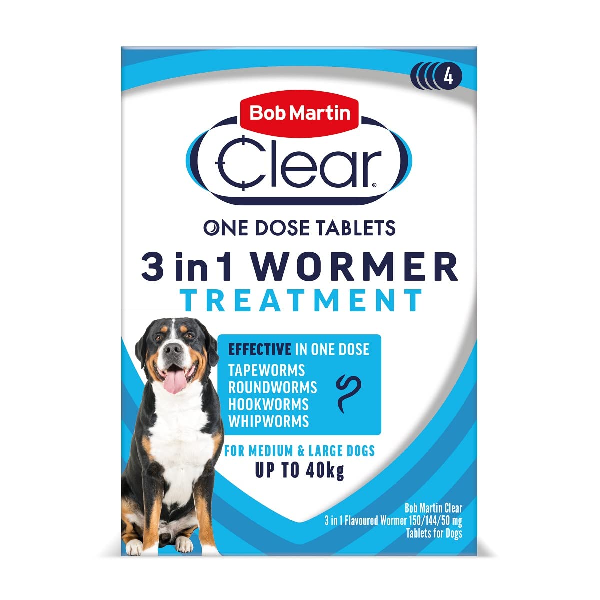 Bob Martin Clear 3-in-1 Wormer for Dogs (4 Tablets) - For Small, Medium and Large Dogs up to 40kg, Clinically Proven Treatment