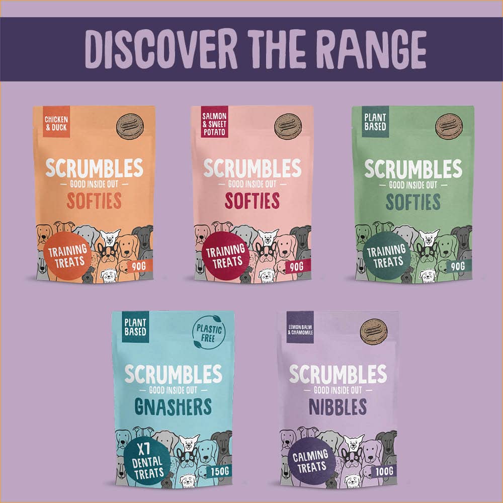 Scrumbles • Dog Treats • Hypoallergenic • All Lifestages • Chicken & Duck • 90g Bag • Gut Friendly Prebiotics • Gluten Free • Superfoods