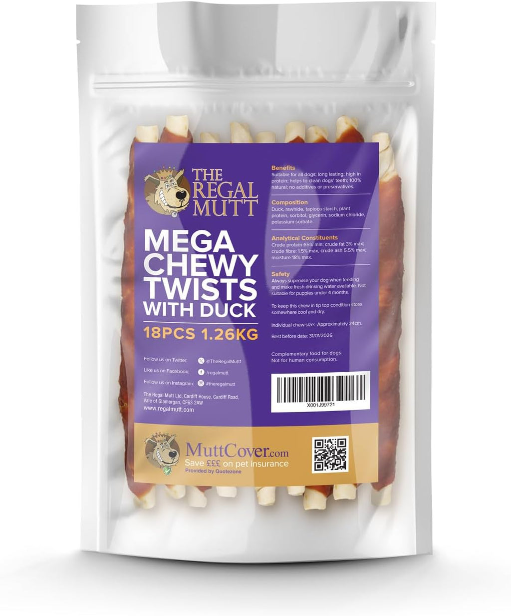 The Regal Mutt - Mega Chewy Twists with Duck - Bag of 18 (1.25kg Bag)