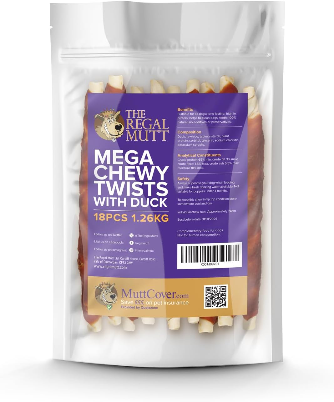 The Regal Mutt - Mega Chewy Twists with Duck - Bag of 18 (1.25kg Bag)