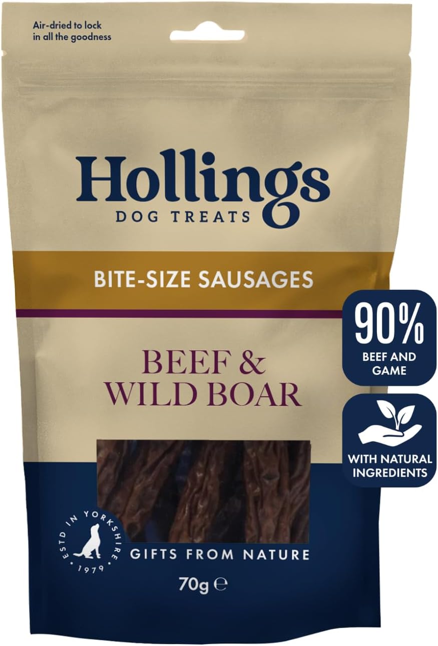 Hollings Gourmet Beef & Wild Boar Pudding Sausages Dog Treats, Delicious, Nutritious Air Dried Chews for Adult Dogs, 100% Gluten Free & Made with Natural Ingredients (70g)