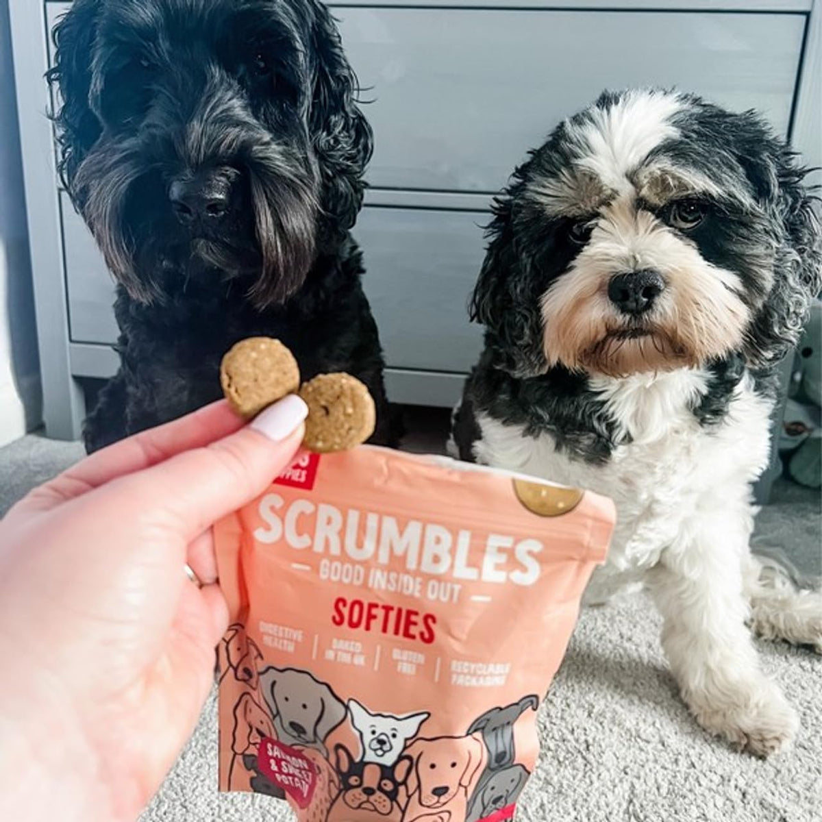 Scrumbles • Dog Treats • Hypoallergenic • All Lifestages • Chicken & Duck • 90g Bag • Gut Friendly Prebiotics • Gluten Free • Superfoods