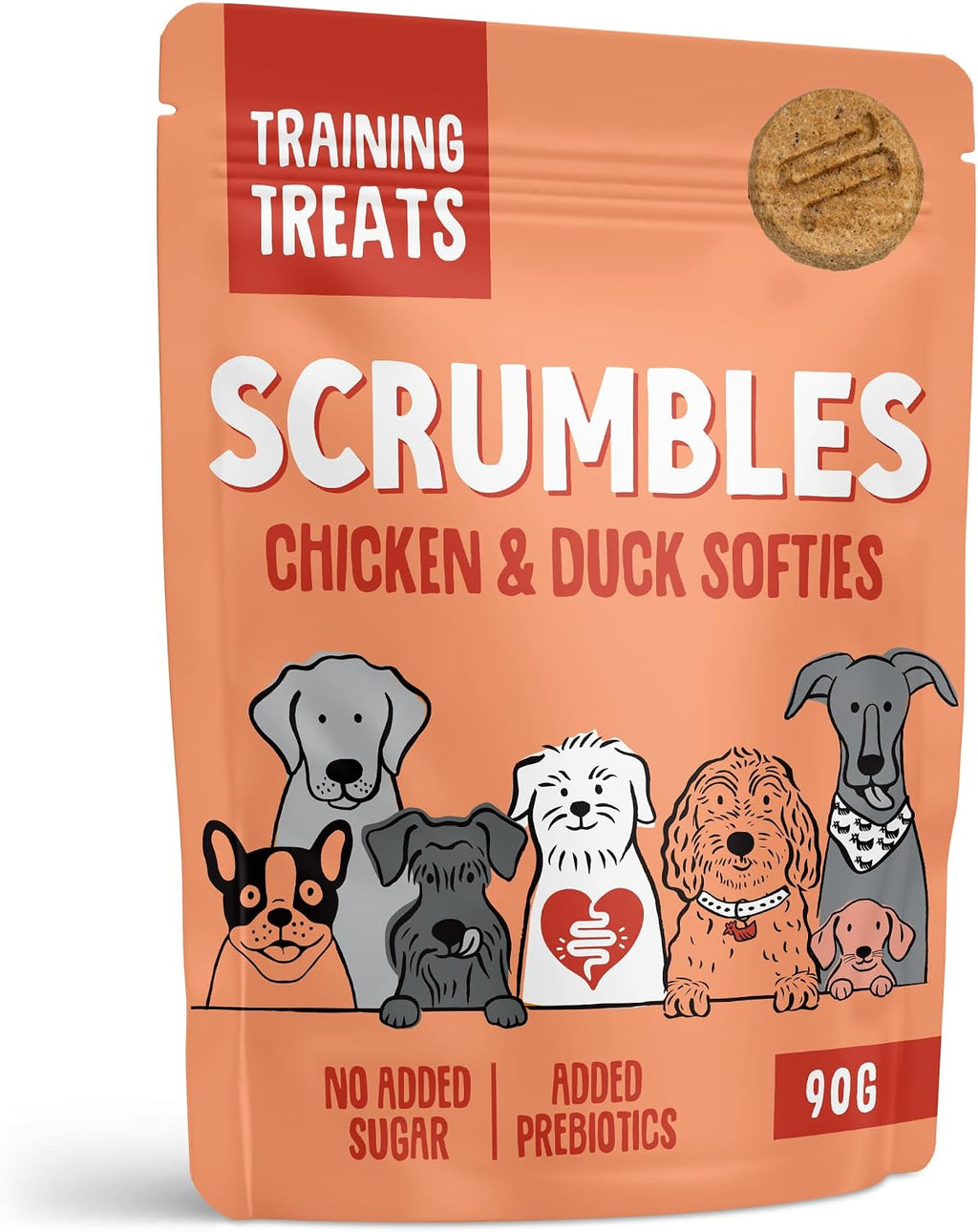 Scrumbles • Dog Treats • Hypoallergenic • All Lifestages • Chicken & Duck • 90g Bag • Gut Friendly Prebiotics • Gluten Free • Superfoods