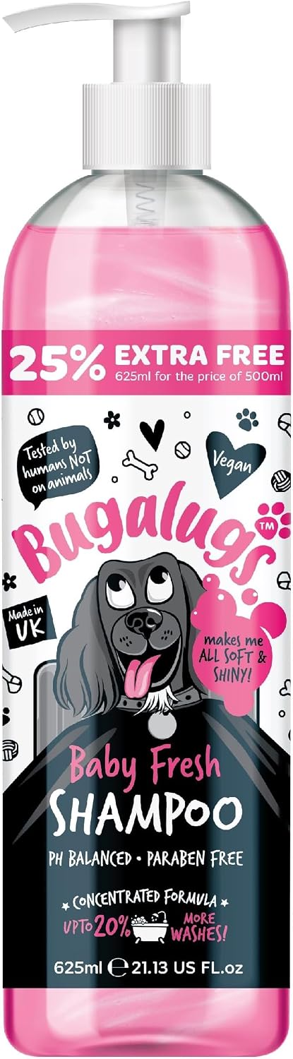 BUGALUGS Baby Fresh Dog Shampoo grooming products for smelly dogs with baby powder scent, best puppy shampoo, Vegan pet shampoo professional (625ml)