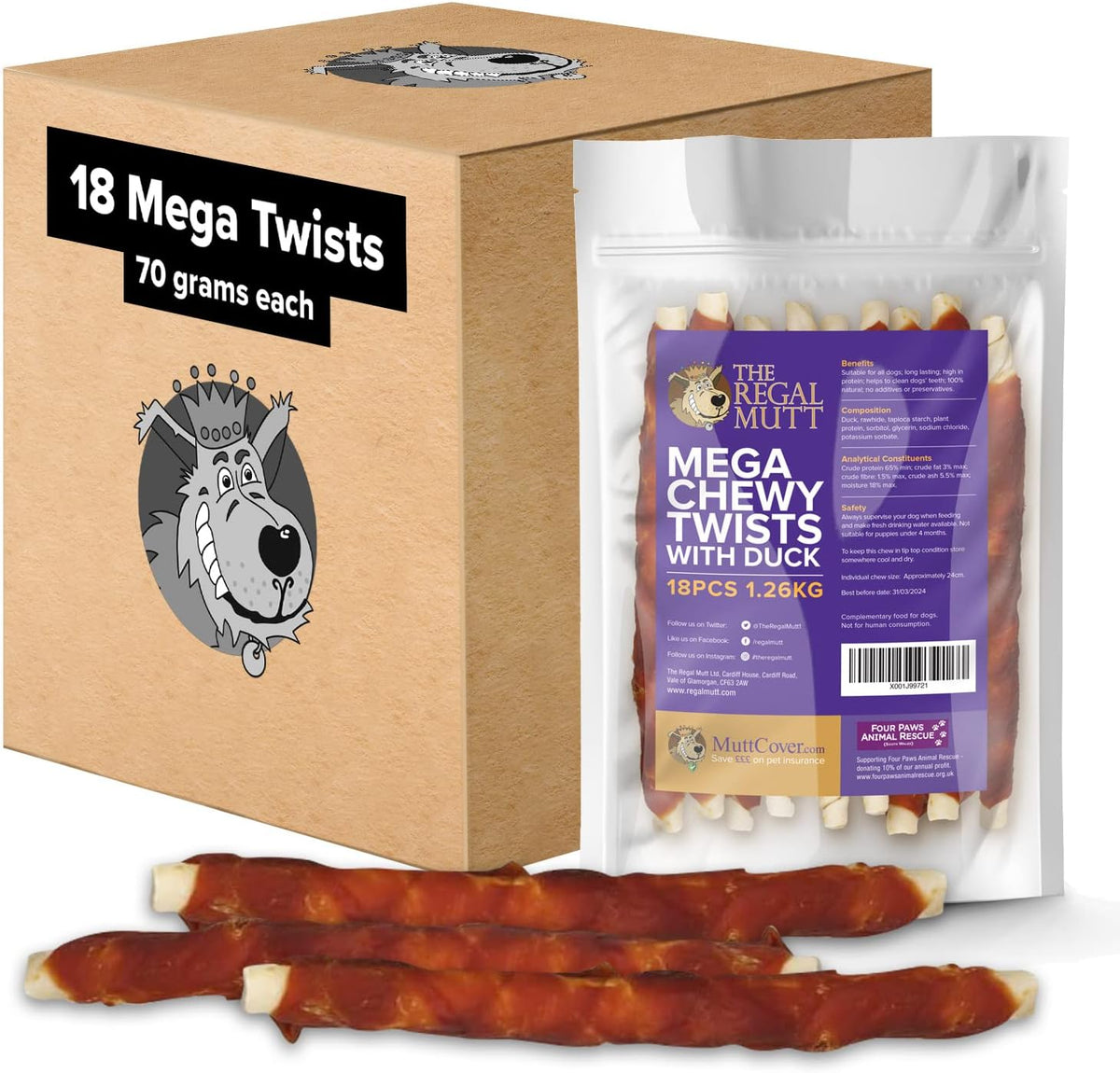 The Regal Mutt - Mega Chewy Twists with Duck - Bag of 18 (1.25kg Bag)