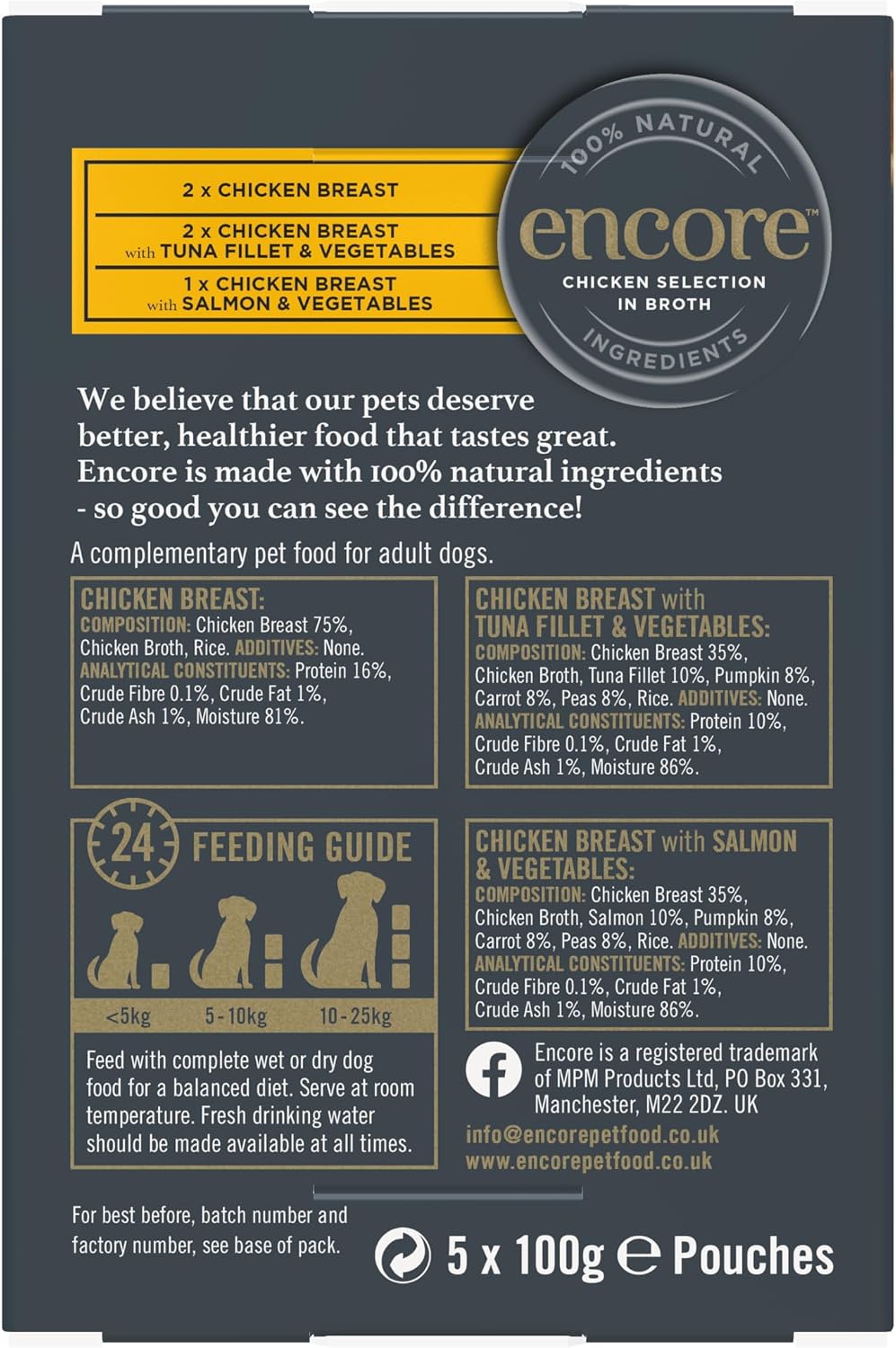 Encore 100% Natural Wet Dog Food, Chicken with Fish Selection in Broth 100g Pouch (Pack of 15x100g)