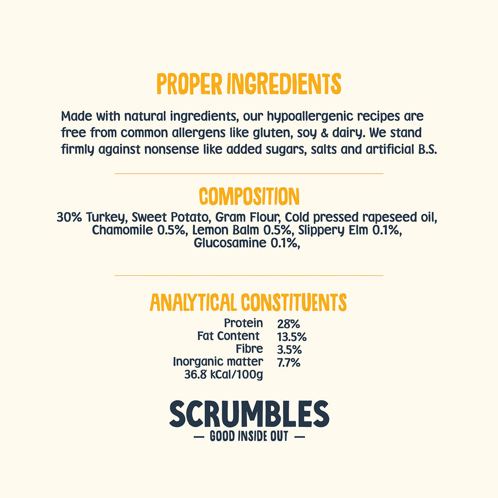 Scrumbles • Dog Treats • Hypoallergenic • All Lifestages • Chicken & Duck • 90g Bag • Gut Friendly Prebiotics • Gluten Free • Superfoods