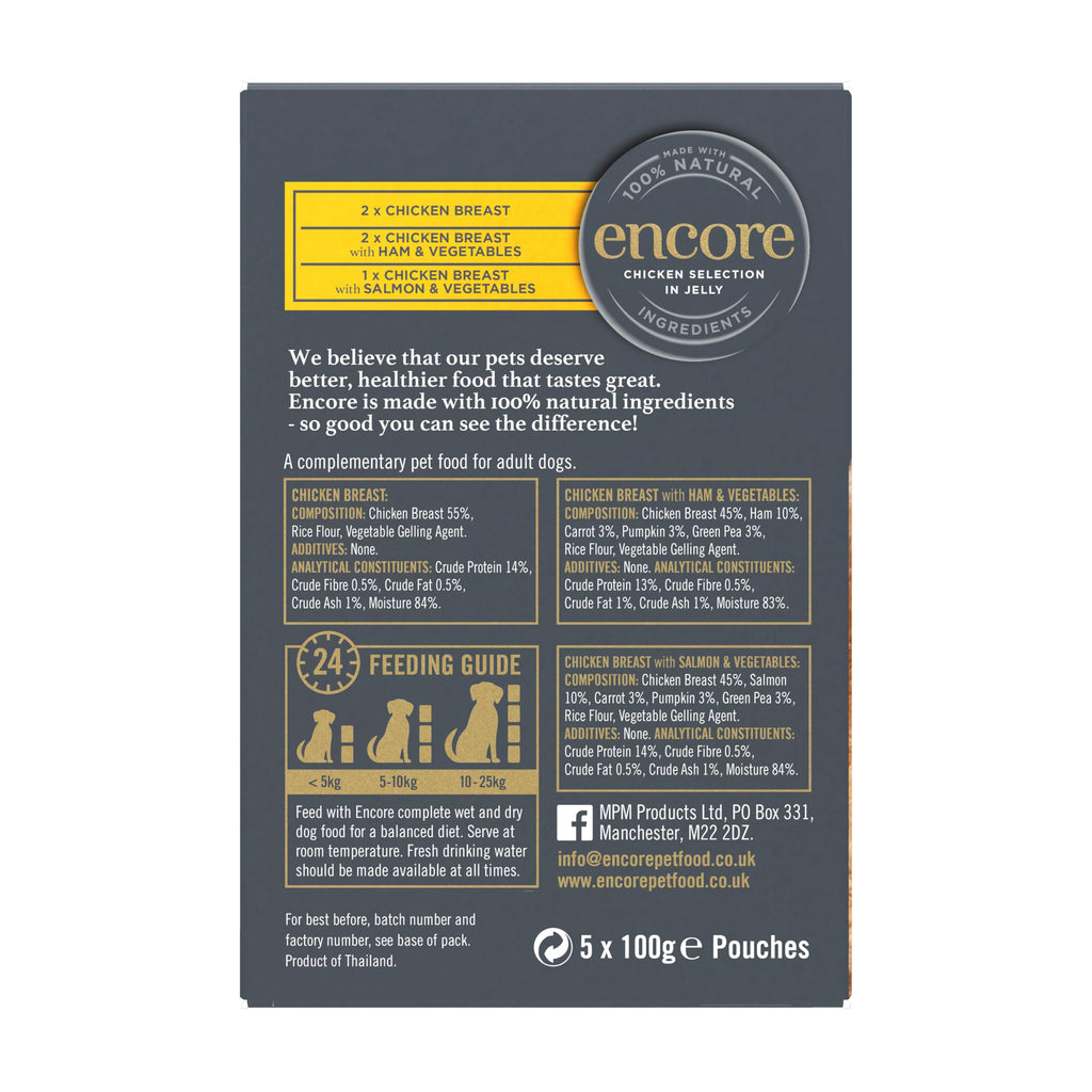 Encore 100% Natural Wet Dog Food, Chicken with Fish Selection in Broth 100g Pouch (Pack of 15x100g)