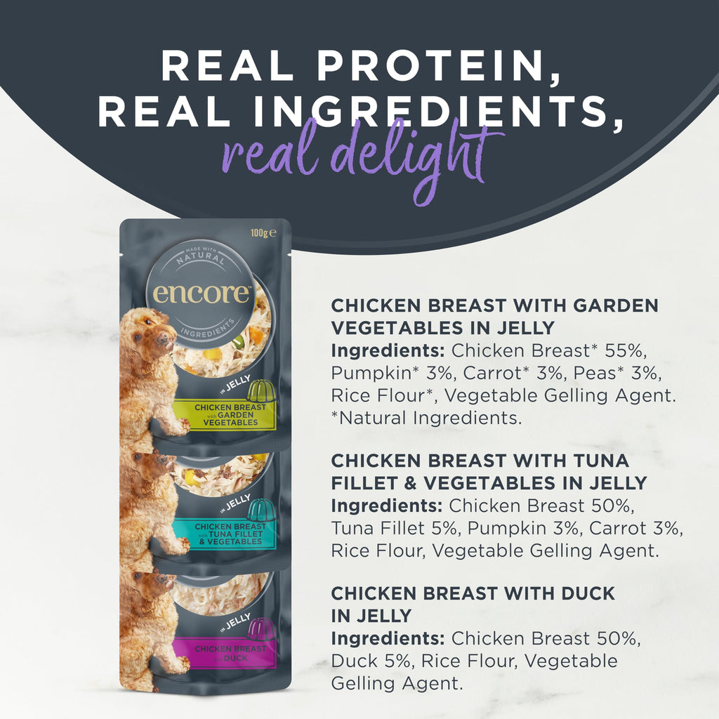 Encore 100% Natural Wet Dog Food, Chicken with Fish Selection in Broth 100g Pouch (Pack of 15x100g)