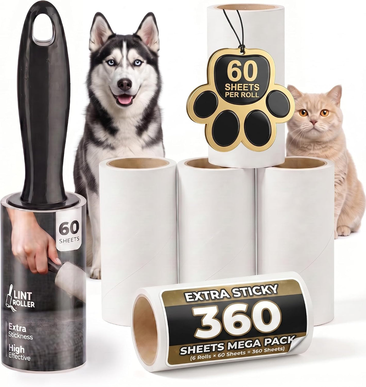 Lint Roller, 6 Pack with 1 Reusable Handle, 360 Extra Sticky Sheets for Pet Hair Removal, Lint Remover for Dust & Fluff from Clothing, Furniture, Carpets & Car Seats (1 Handle + 360 Sheets)