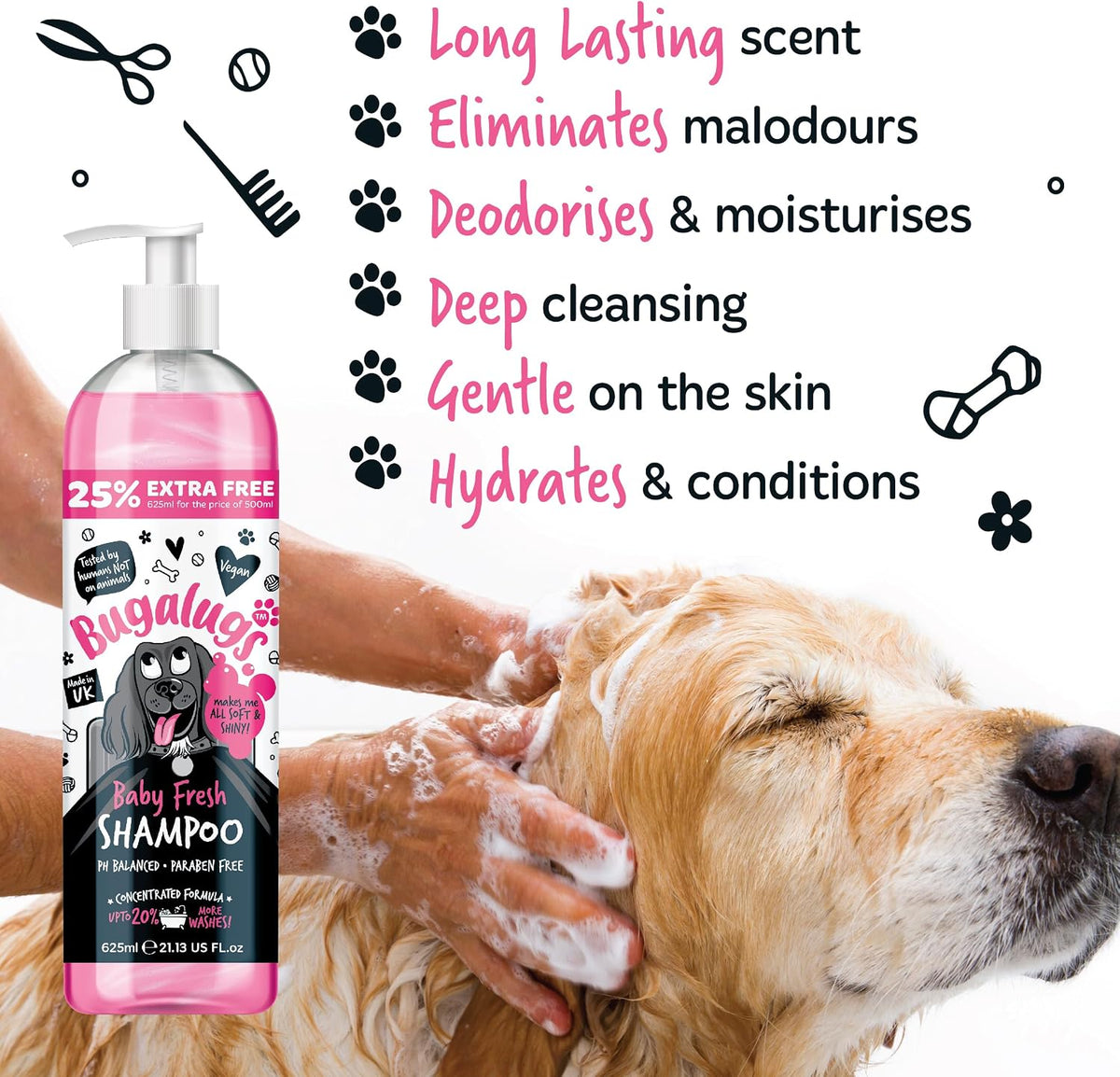 BUGALUGS Baby Fresh Dog Shampoo grooming products for smelly dogs with baby powder scent, best puppy shampoo, Vegan pet shampoo professional (625ml)