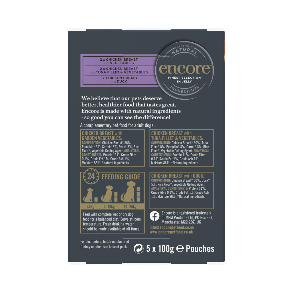 Encore 100% Natural Wet Dog Food, Chicken with Fish Selection in Broth 100g Pouch (Pack of 15x100g)