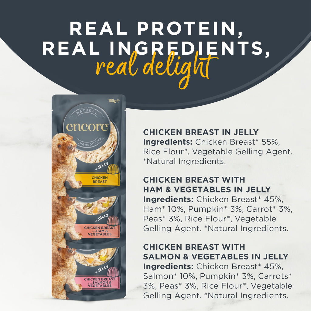 Encore 100% Natural Wet Dog Food, Chicken with Fish Selection in Broth 100g Pouch (Pack of 15x100g)