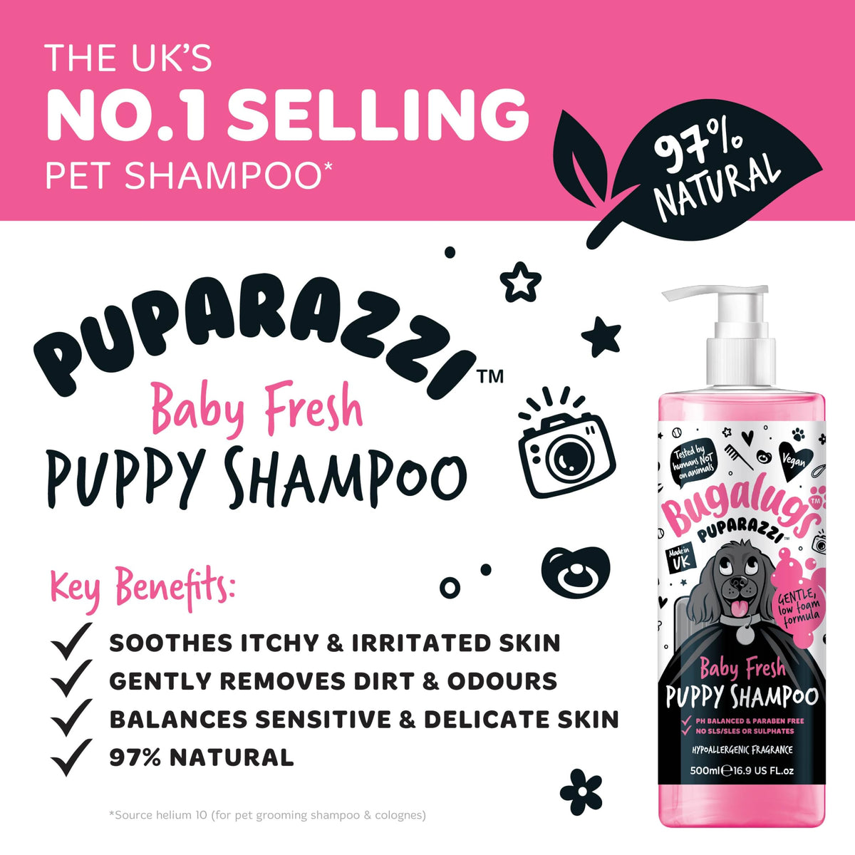 BUGALUGS Baby Fresh Dog Shampoo grooming products for smelly dogs with baby powder scent, best puppy shampoo, Vegan pet shampoo professional (625ml)
