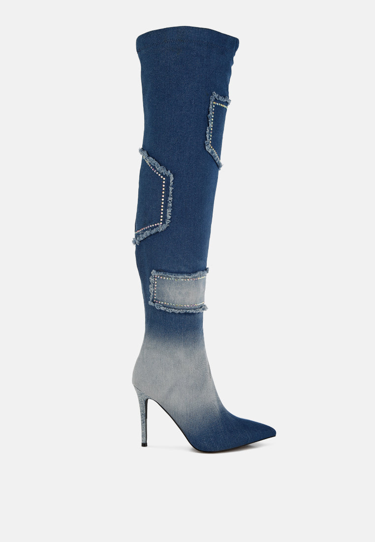 Eilish Rhinestones Knee High Denim Boots-0